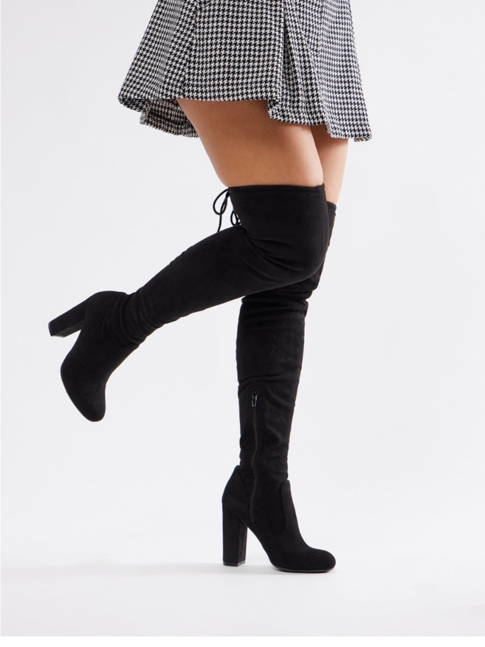 NO DOUBT Boots Over-the-Knee Block Heel Rear Tie Black Suede Womens Size 5